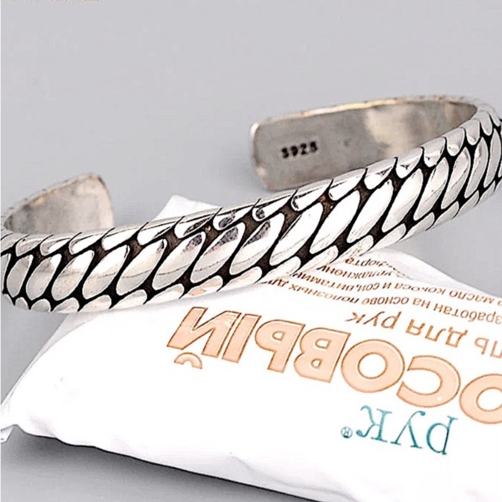 Sterling Silver Chain Design Engraved Cuff Bangle Bracelet - Picture 6 of 9
